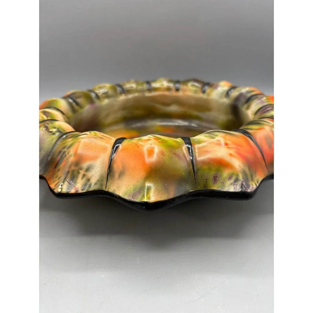 Vintage‎ Ceramic Art Pottery Scalloped Bowl Orange Green Drip Glaze 9.5